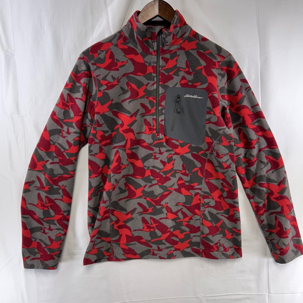 Eddie Bauer Fleece Pullover Mens Small Red Grey Bird Print 1/4 Zip Mock Neck